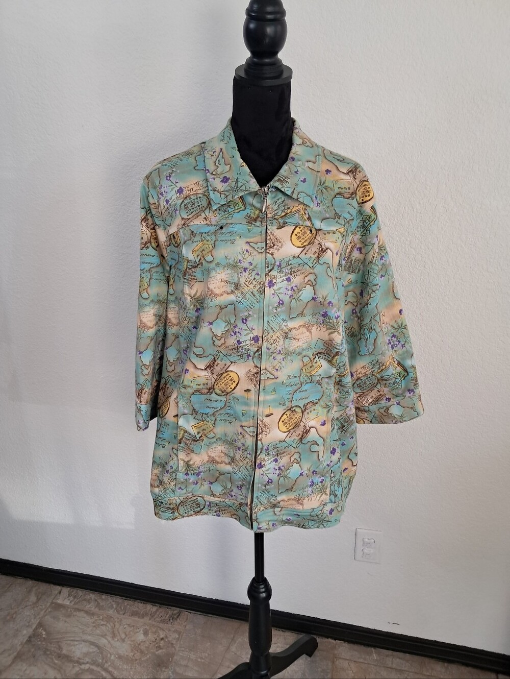 CJ Banks Jacket Womens 1X Map Passport Stamp Print Full Zip Cotton Blend Coastal